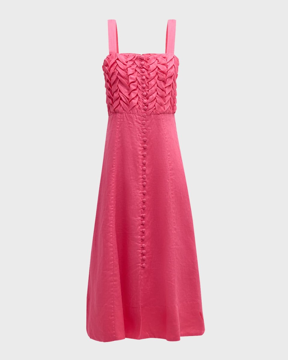 Helene Smocked Button-Front Linen Midi Dress