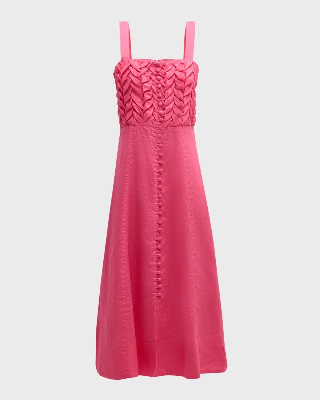 Helene Smocked Button-Front Linen Midi Dress