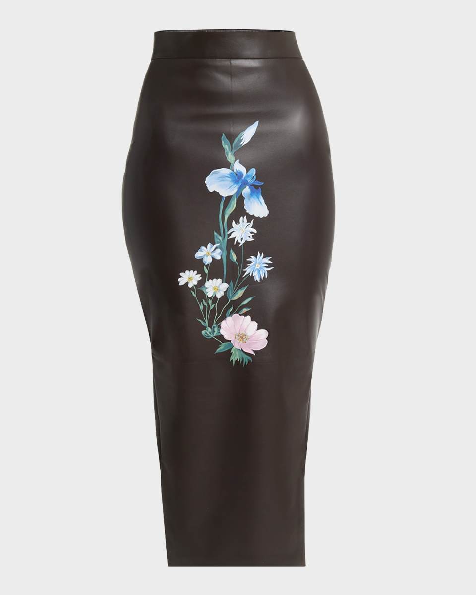 Leather Pencil Skirt with Floral Details