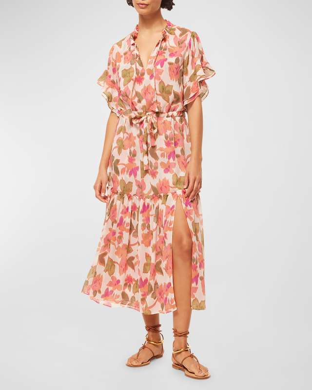 Ranjana Floral Chiffon Flutter-Sleeve Tiered Midi Dress