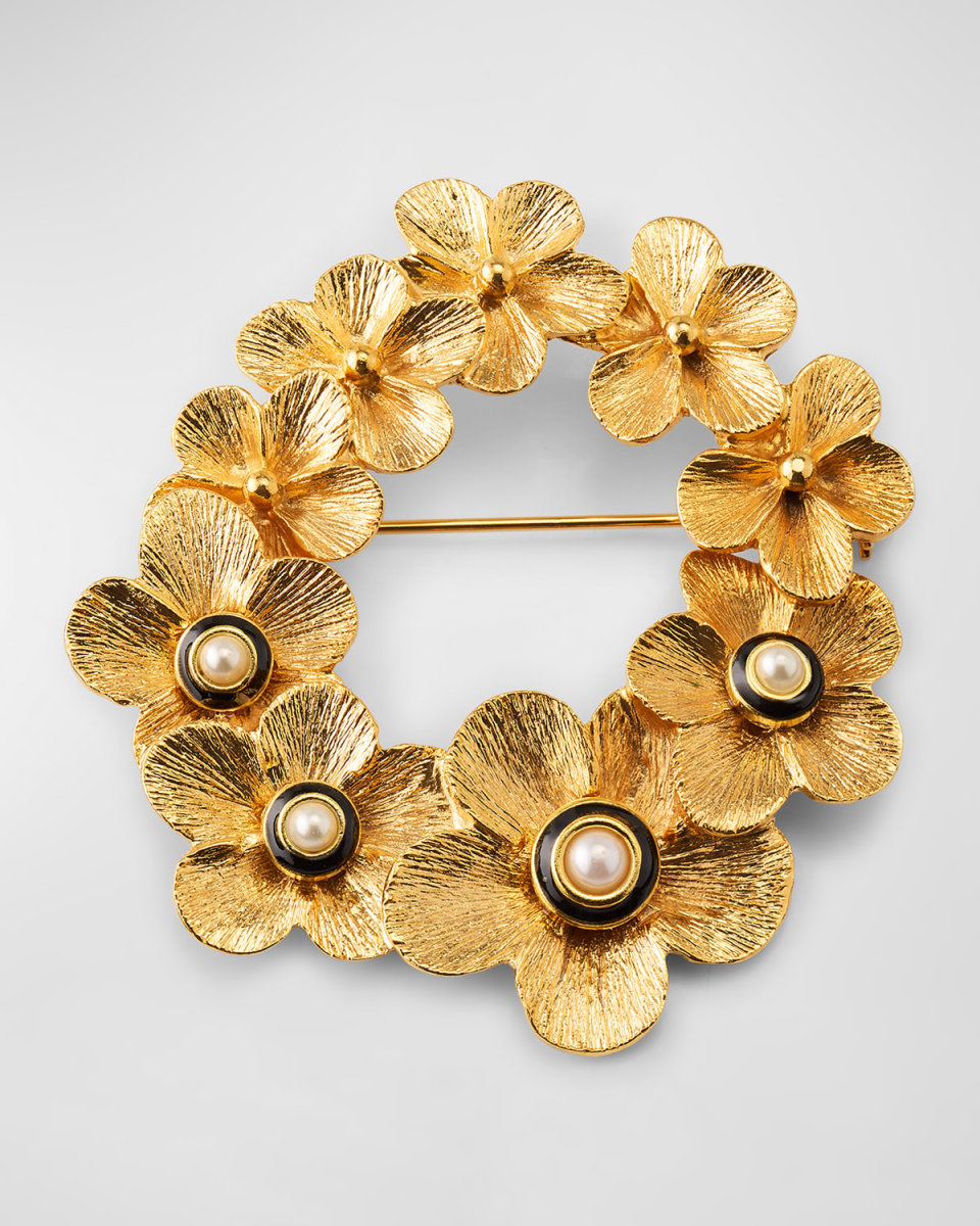 Graduated Flowers Pin with Black and Pearly Cabochons