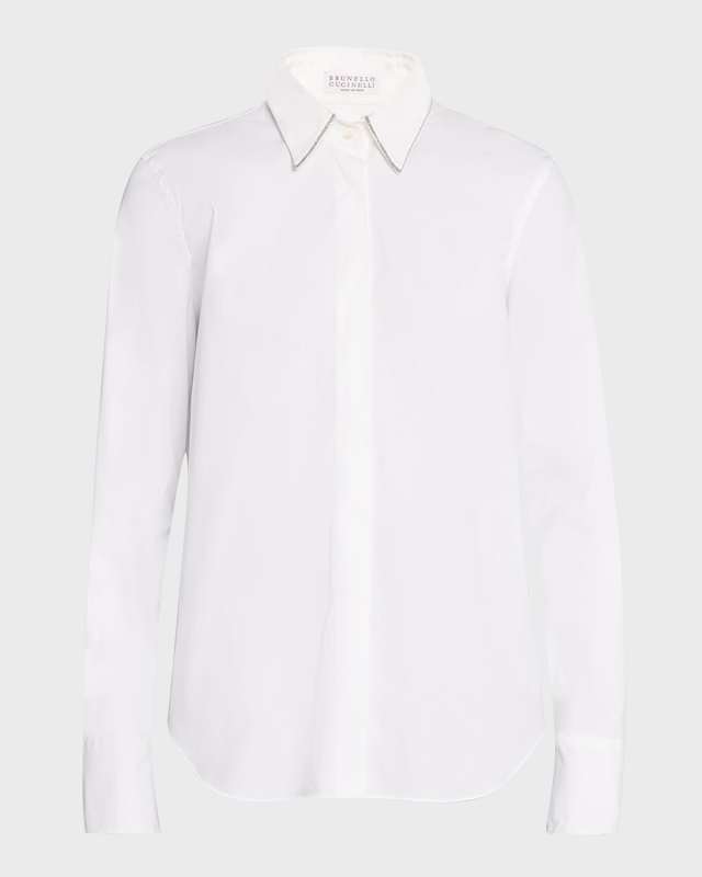 Poplin Button-Front Shirt with Monili Collar