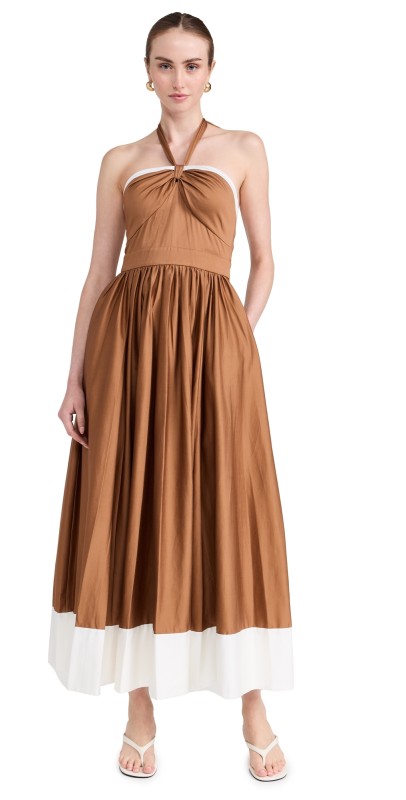 alice + olivia Beatrix Sweetheart Tie Neck Dress Tan/Vanilla