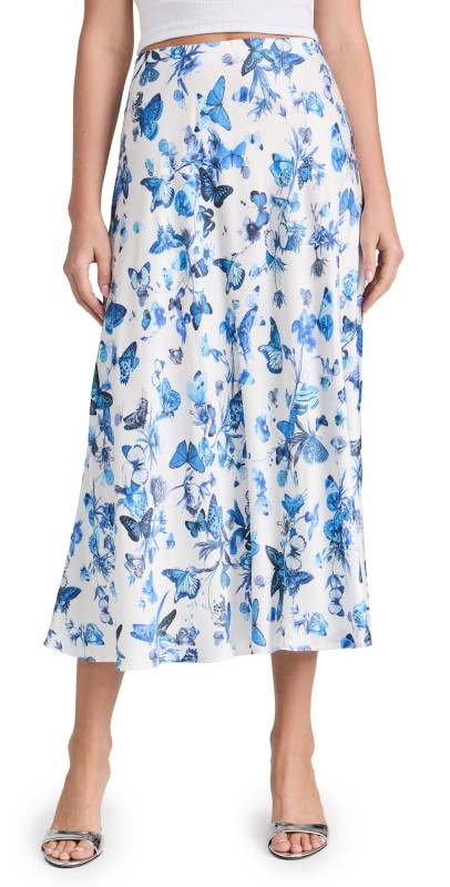L'AGENCE Clarisa Bias Midi Skirt Wht/Bl Tnl Butterflies
