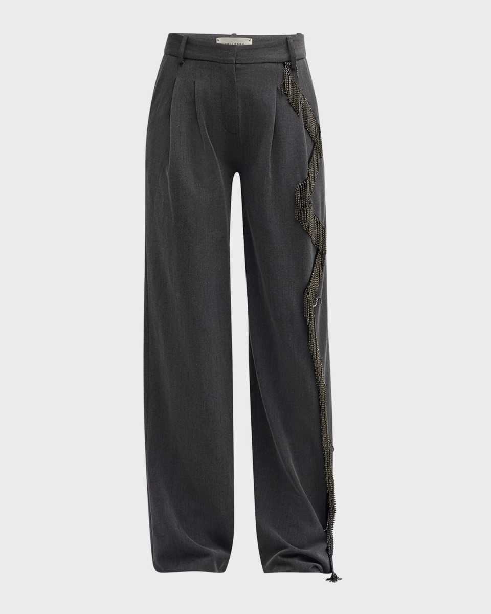 Cliff Crystal Fringe Straight-Leg Pants