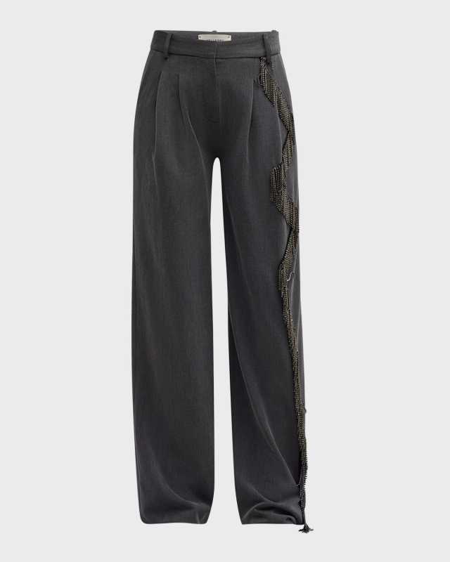 Cliff Crystal Fringe Straight-Leg Pants
