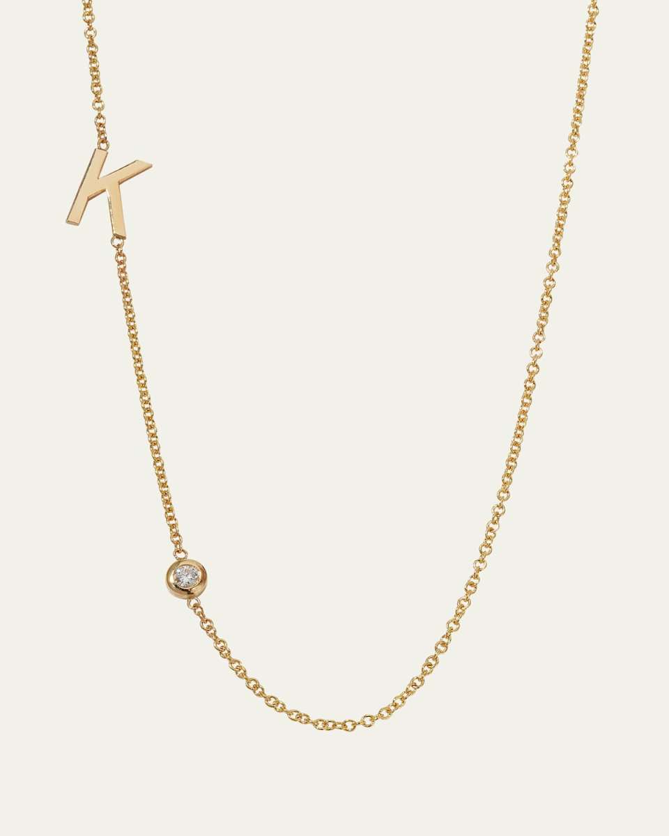 14K Gold Asymmetrical Initial and Bezel Diamond Necklace, 16-18"L