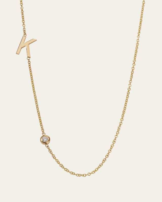 14K Gold Asymmetrical Initial and Bezel Diamond Necklace, 16-18"L