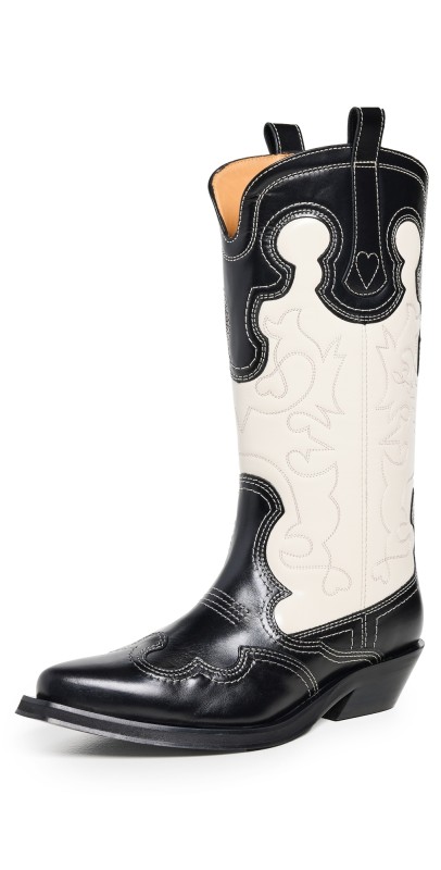 GANNI Mid Shaft Embroidered Western Boots Bicolor Black/Egret