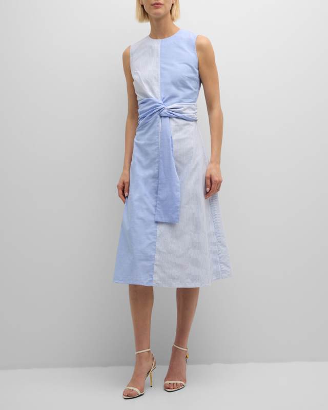 Striped Split-Pattern Cotton Midi Dress