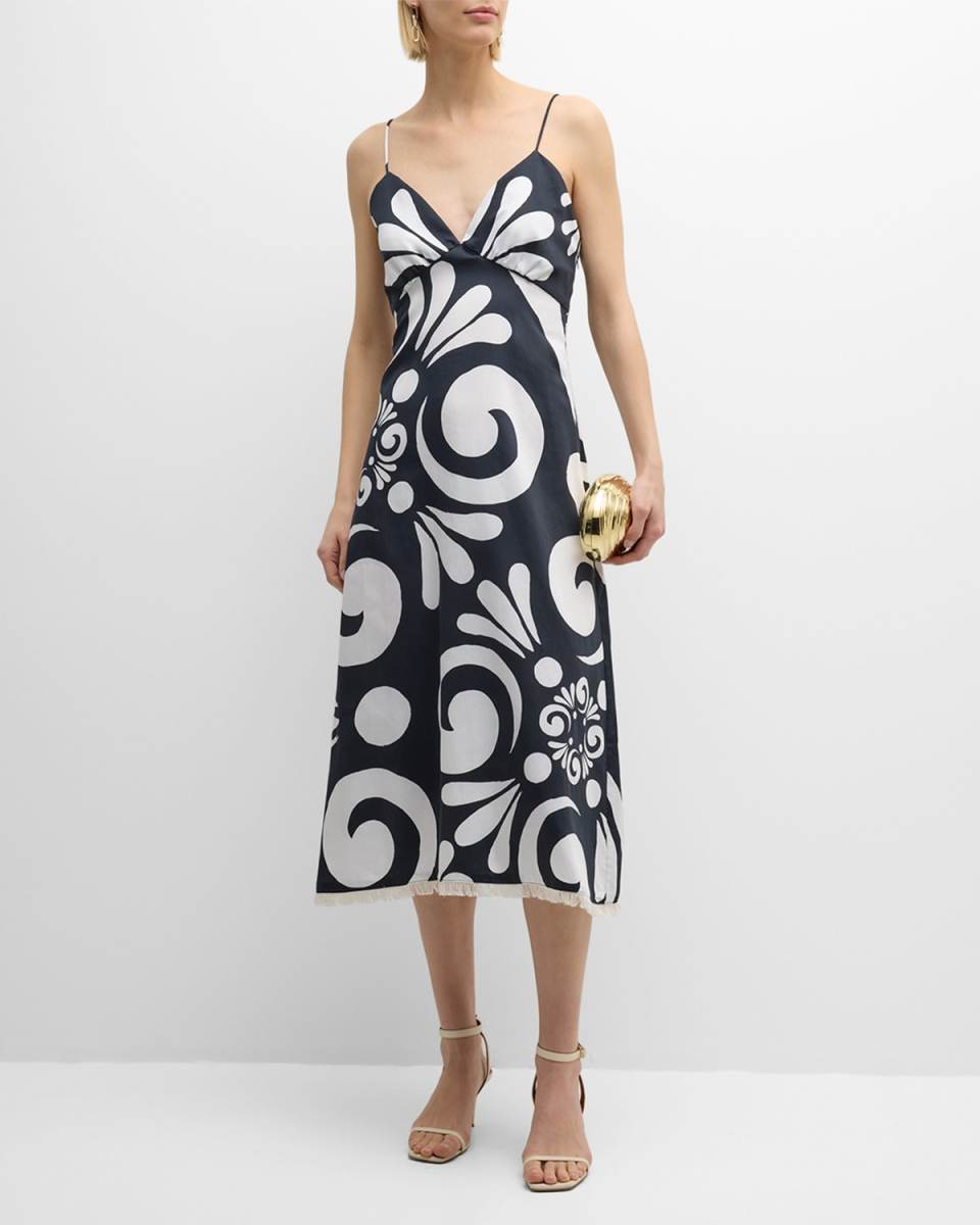 Charis Abstract-Print Fringe-Trim Midi Dress