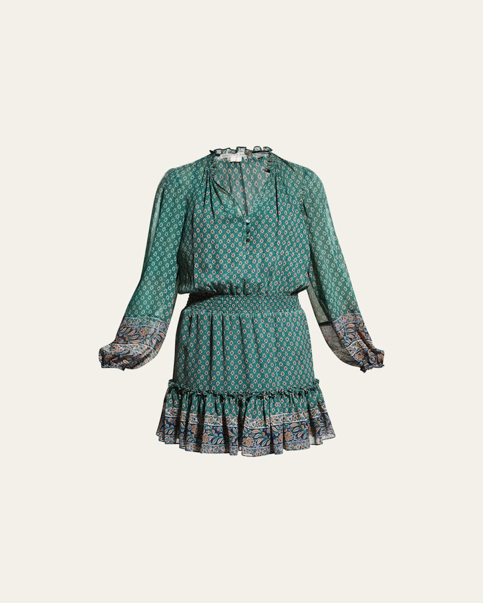 Destiny Printed Smocked Waist V-Neck Mini Dress