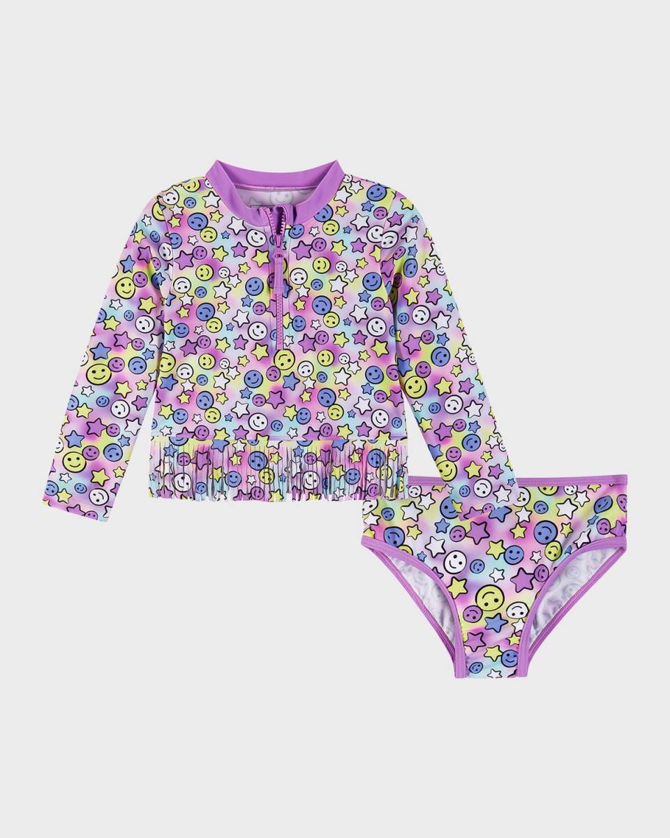 Girl's Happy Face-Print Two-Piece Rashguard Set, Size 2T-6X