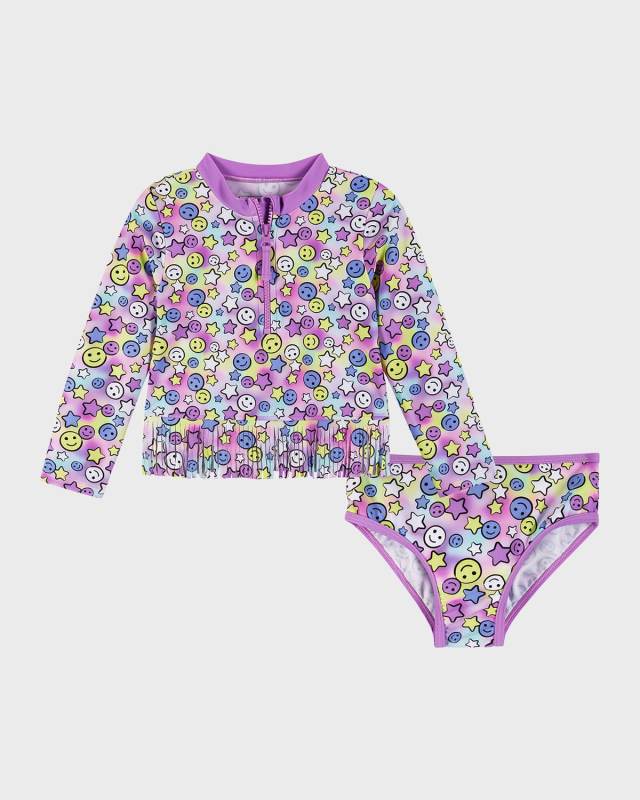 Girl's Happy Face-Print Two-Piece Rashguard Set, Size 2T-6X