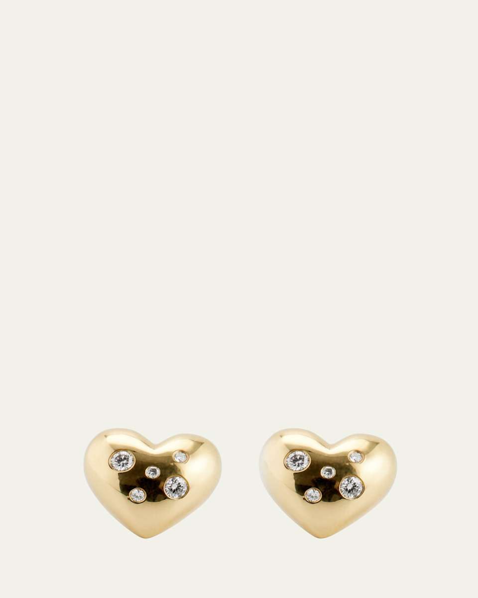 18K Yellow Gold Large Puffy Scattered Diamond Heart Earrings