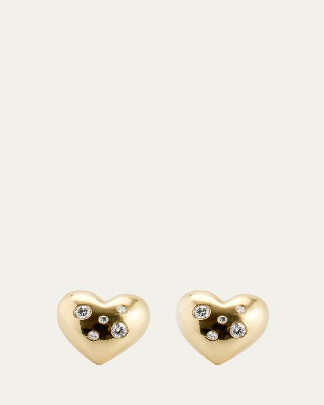 18K Yellow Gold Large Puffy Scattered Diamond Heart Earrings