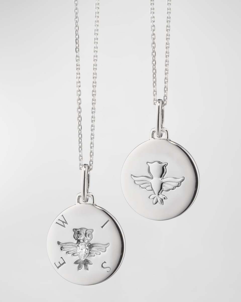 Sterling Silver Wise Owl Intaglio Charm Necklace with White Sapphire