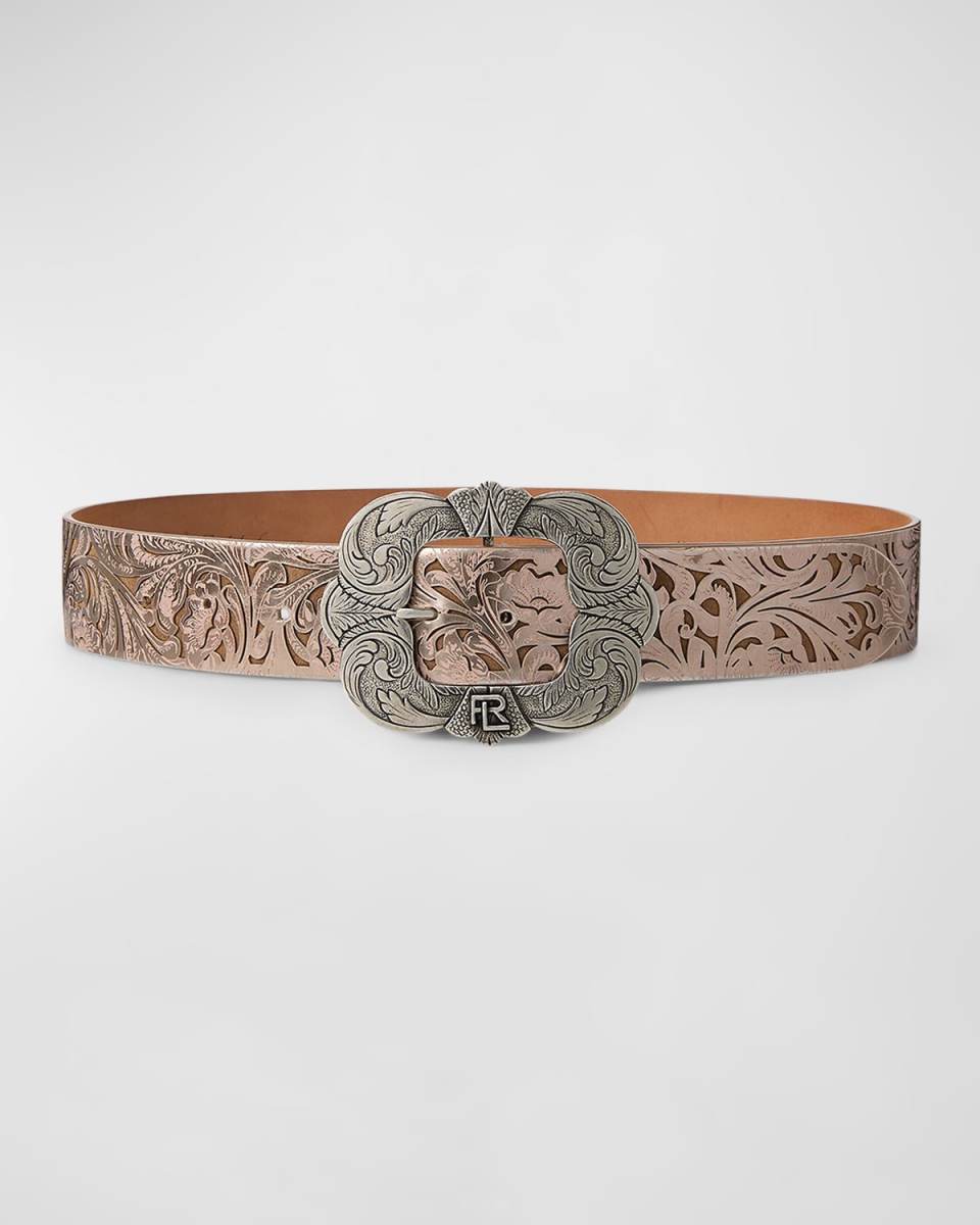 Tooled-Buckle Calf-Suede & Calfskin Belt