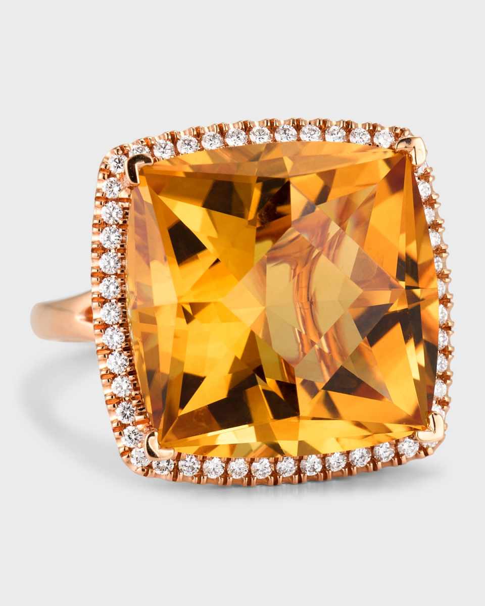 Rocks 18K Rose Gold Cushion Cut Citrine and Diamond Halo Cocktail Ring, Size 6