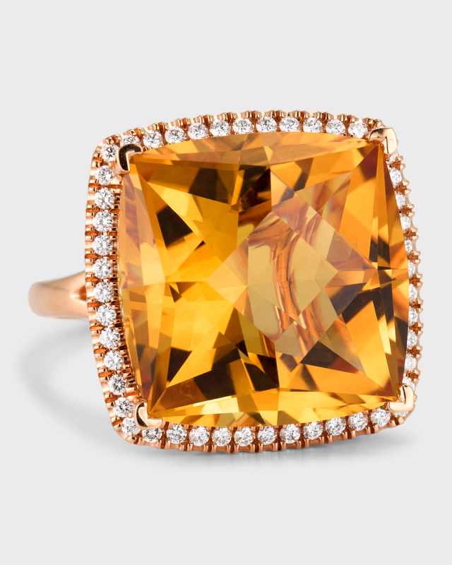 Rocks 18K Rose Gold Cushion Cut Citrine and Diamond Halo Cocktail Ring, Size 6