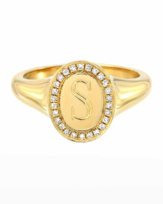 14k Gold Diamond Signet Initial Ring, Size 4