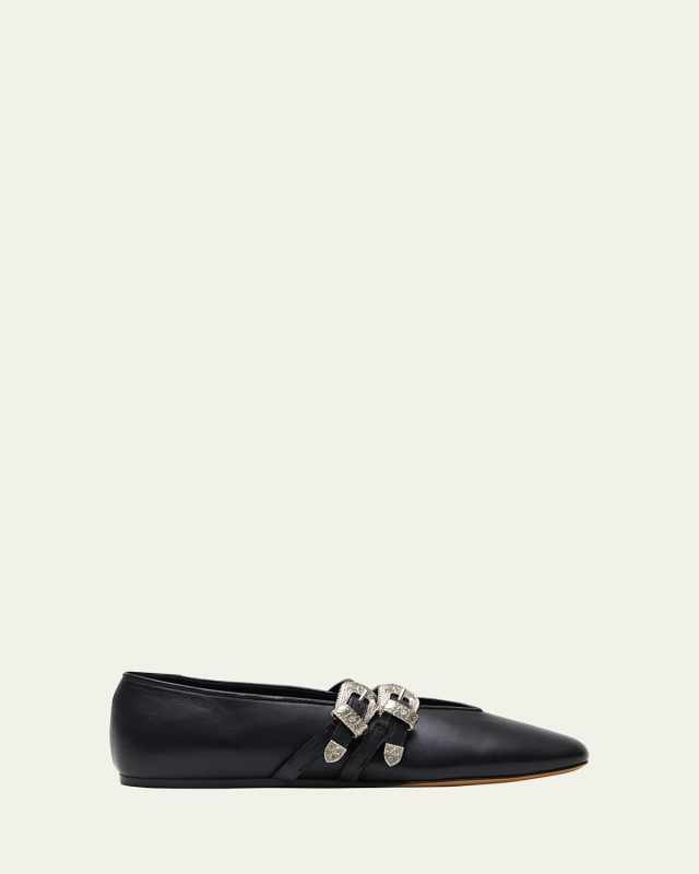 Claudia Leather Dual-Buckle Ballerina Flats