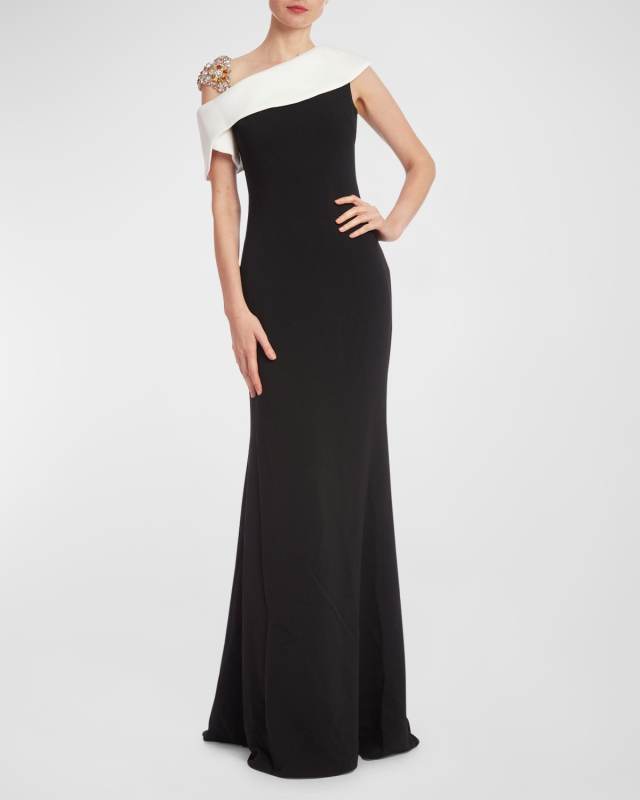 Jewel-Embellished Asymmetric Column Gown