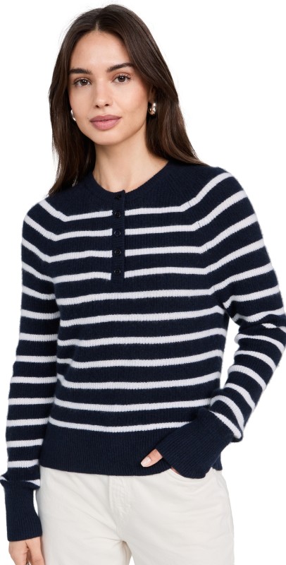 White + Warren Cashmere Ribbed Button Henley Deep Navy/Soft White