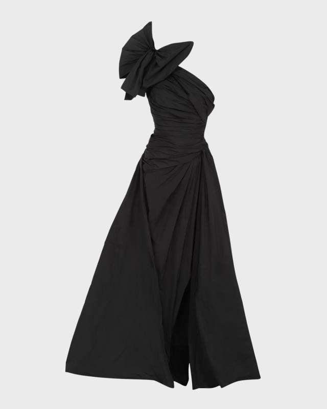 Bow One-Shoulder Draped Taffeta Slit Gown