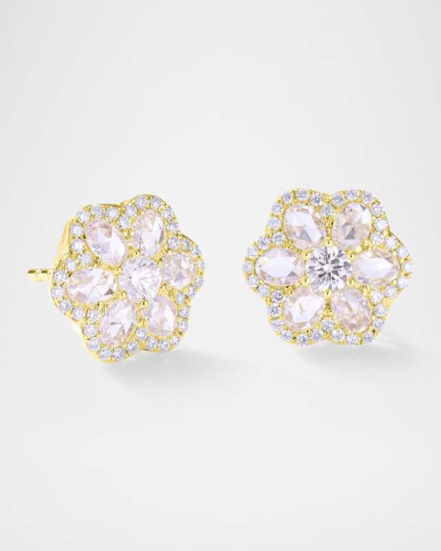 Floral 18K Yellow Gold Diamond Flower Stud Earrings