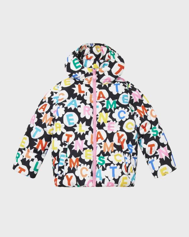 Girl's Multicolor Logo-Print Puffer Coat, Size 4-