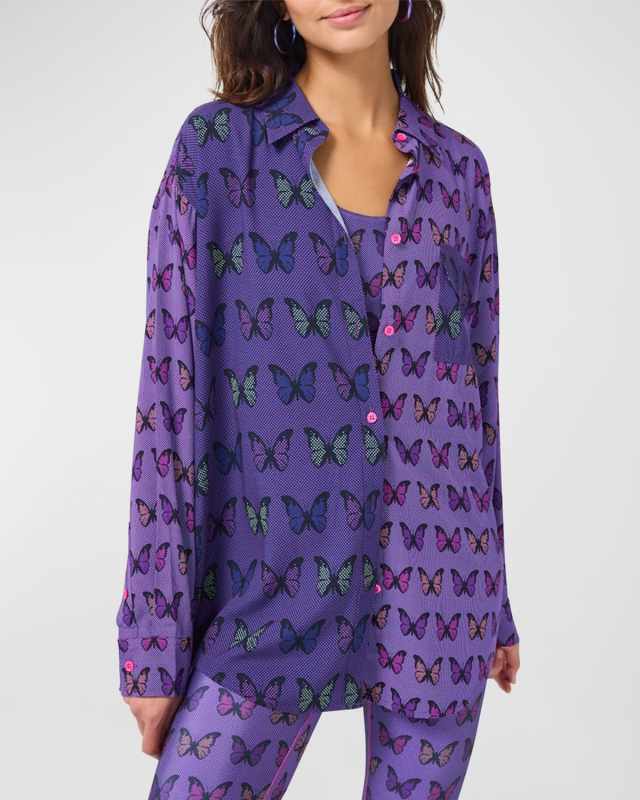 Halftone Butterfly Patchwork Button-Front Shirt