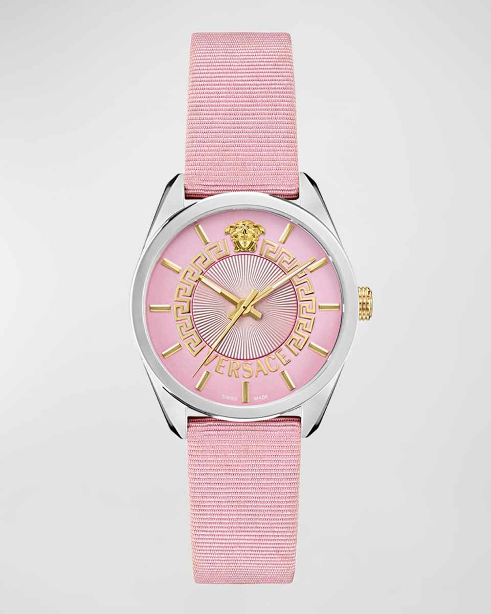V-Circle 36mm Stainless Steel Watch With Grosgrain Strap, Pink