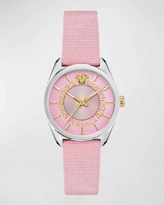 V-Circle 36mm Stainless Steel Watch With Grosgrain Strap, Pink