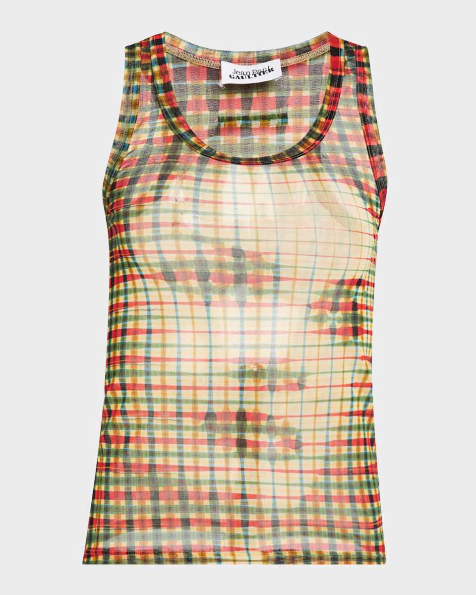Tartan Face-Print Mesh Tank Top