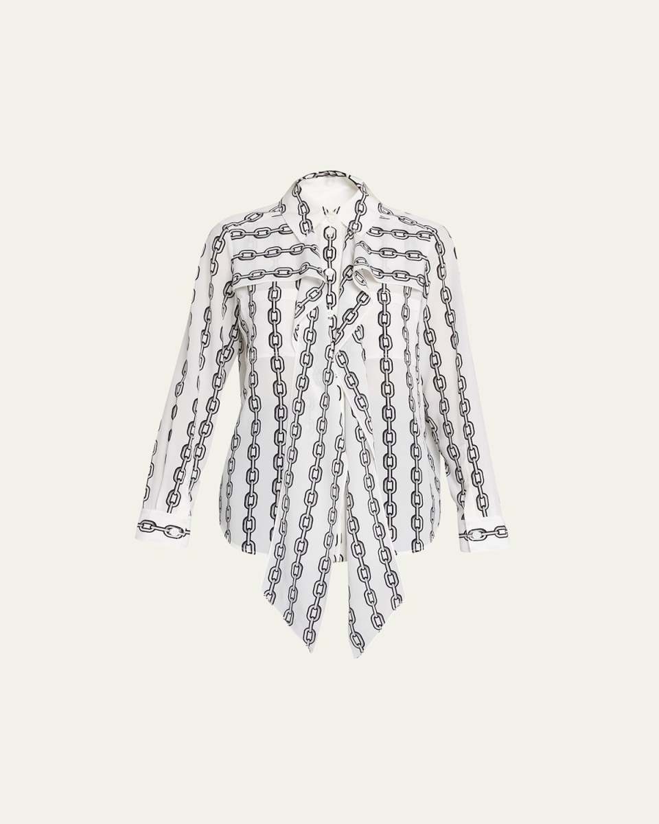 Tammy Chain-Print Scarf-Neck Silk Blouse