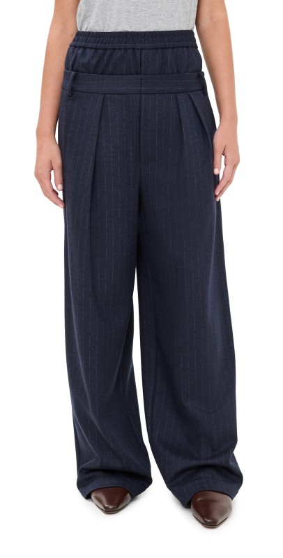 Tibi Newton Stripe Double Waist Boxer Trousers Navy Melange