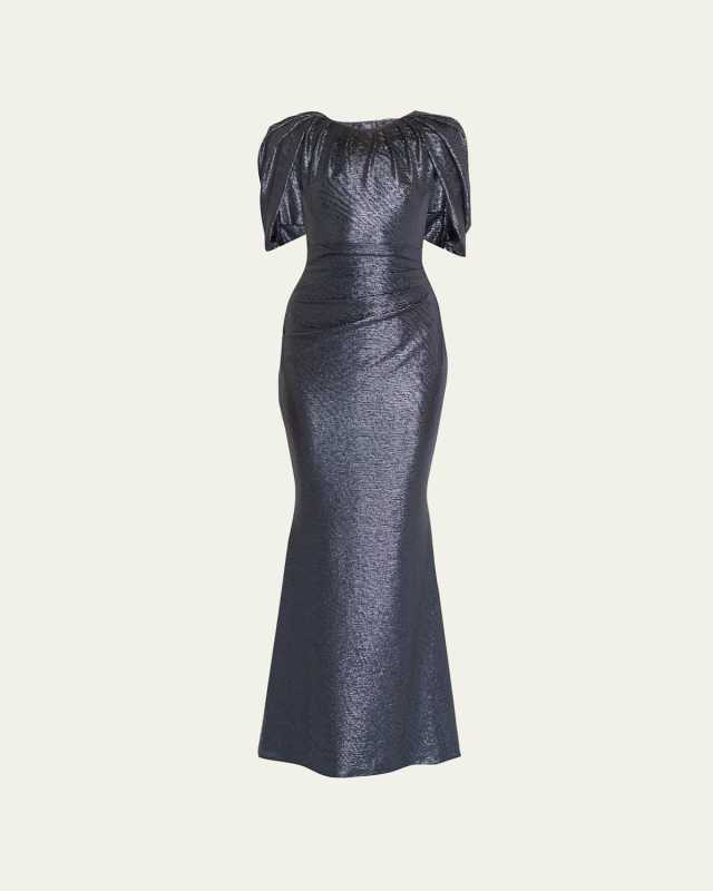 Zebra Disco Gathered Metallic Gown with Cape Sleeves
