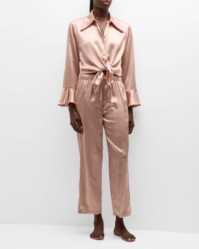 Ruffle Long-Sleeve Silk Pajama Set
