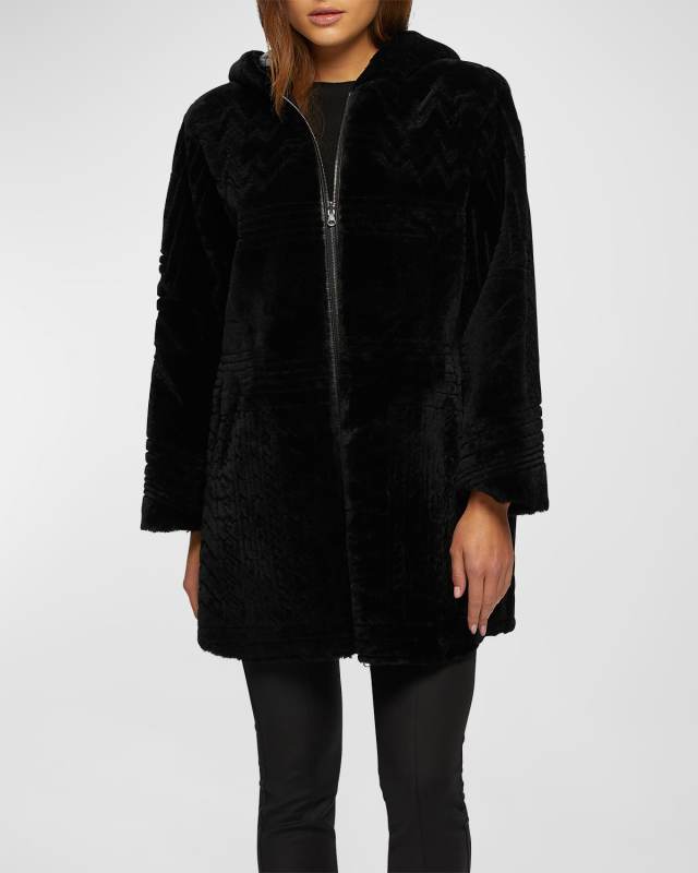 Reversible Shearling Lamb Parka Jacket With Grooved Pattern