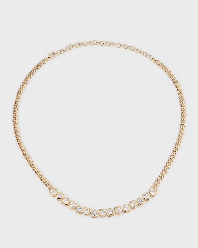 White Topaz Heart Bezel Curb Chain Necklace in 14K Yellow Gold