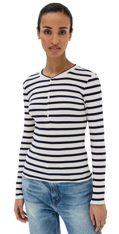 Nili Lotan Jordan Henley Tee Ivory/Navy Stripe