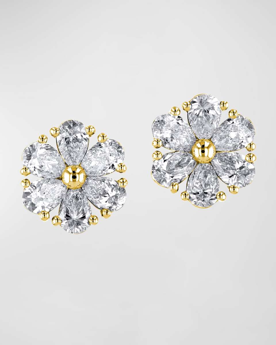 18K Gold Pear-Shaped Diamond Flower Stud Earrings, 6tcw, 0.59"L / 0.59"W