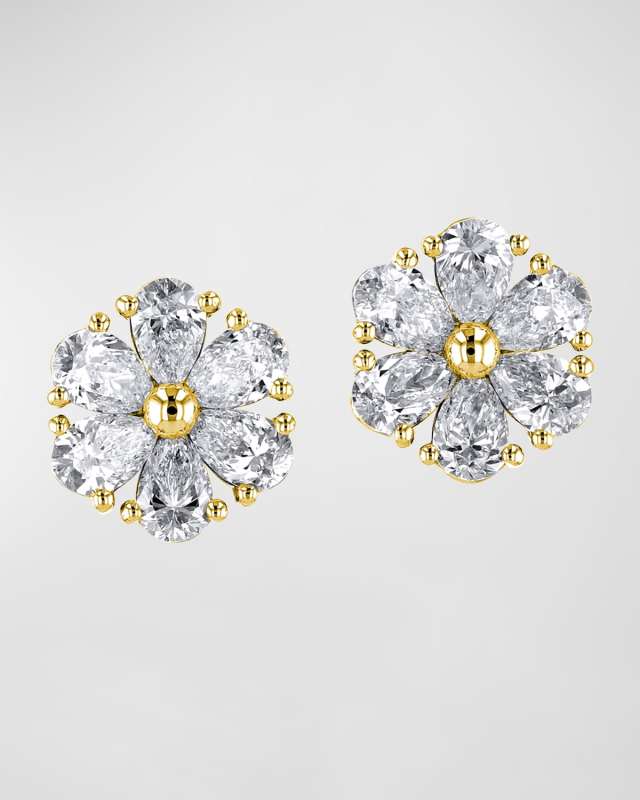 18K Gold Pear-Shaped Diamond Flower Stud Earrings, 6tcw, 0.59"L / 0.59"W