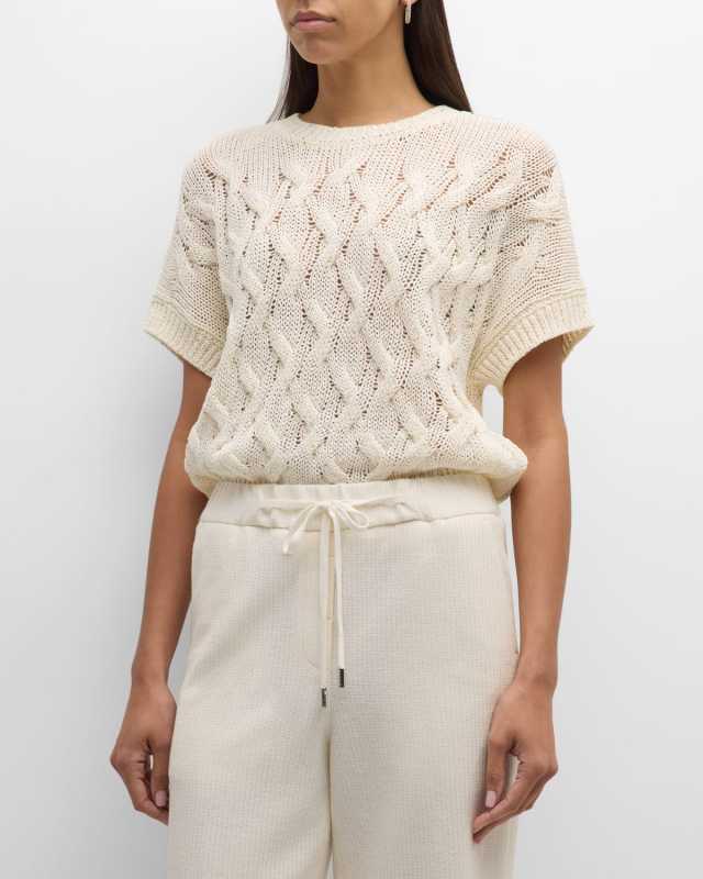 Short-Sleeve Cable-Knit Crewneck Sweater