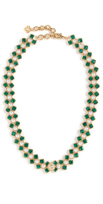 Casablanca Crystal and Pearl Necklace Gold/Green/Pearl