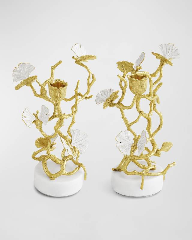 Butterfly Ginkgo White & Gold Candleholders, Set of 2