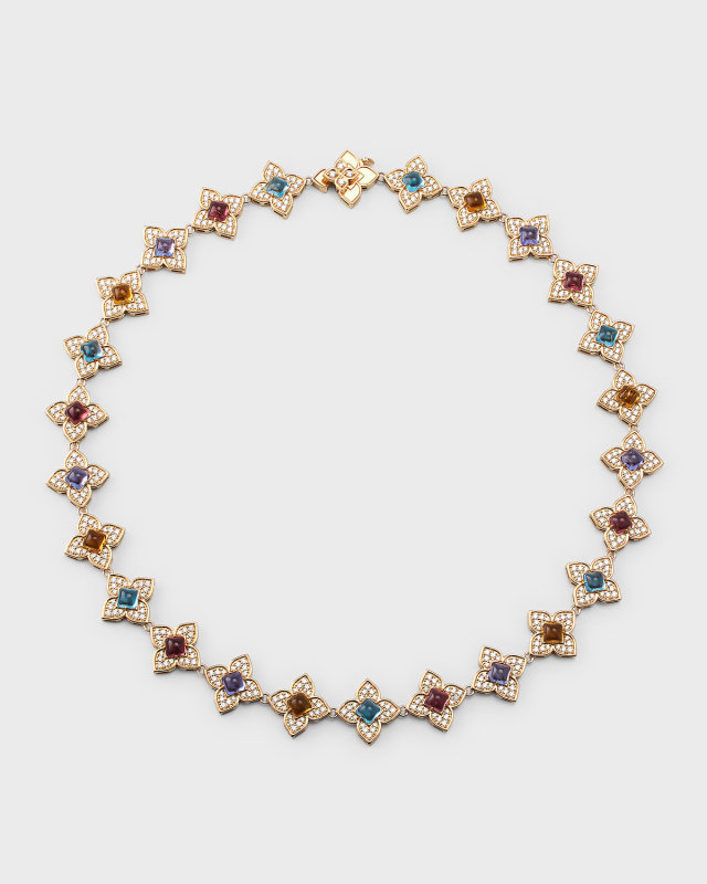 18K Rose Gold Princess Flower Diamond, Ruby, and Tanzanite Necklace