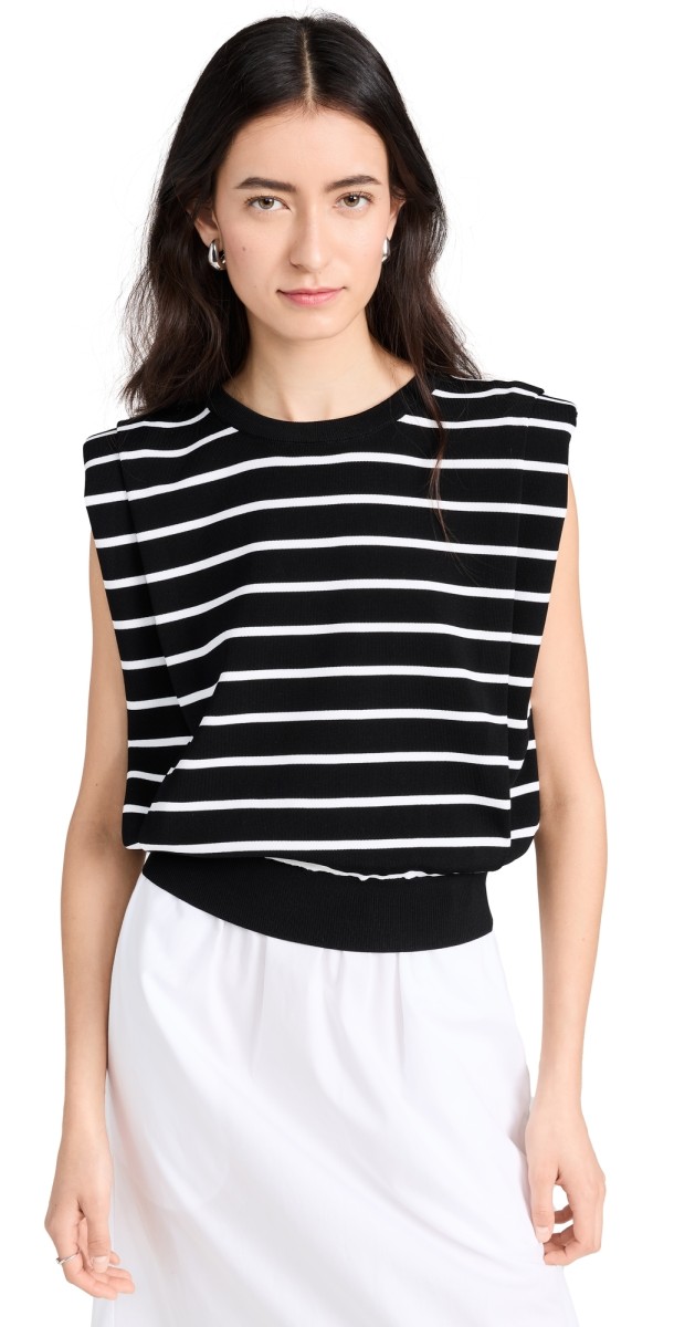 endless rose Stripe Sleeveless Pleated Knit Top Black/White