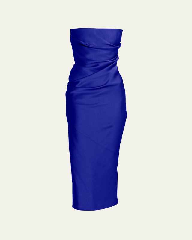 Satin Crepe Strapless Draped Midi Dress
